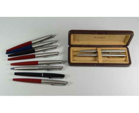 SEVEN VINTAGE PARKER 45 FOUNTAIN PENS 1 early Flighter with silver tail cap, 3 red classic, 1 black classic, 1 blue classic, 