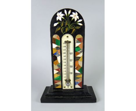 NINETEENTH CENTURY DERBYSHIRE BLACK MARBLE ARCH TOPPED DESK THERMOMETER inlaid with floral spray & two patchwork or scrapwork