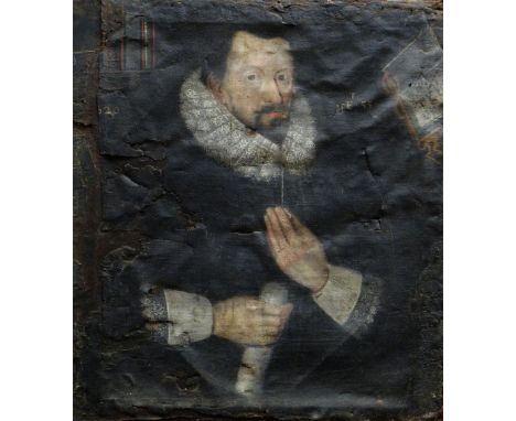 EARLY SEVENTEENTH CENTURY ENGLISH SCHOOL oil on canvas - half portrait of Sir Richard Bolton wearing ruff colour &amp; holdin