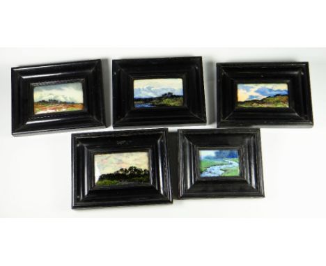 A GROUP OF FIVE SIMILAR ARTS & CRAFTS ENAMEL LANDSCAPE PLAQUES BY CHARLES FLEETWOOD VARLEY two of which are marked to the rev