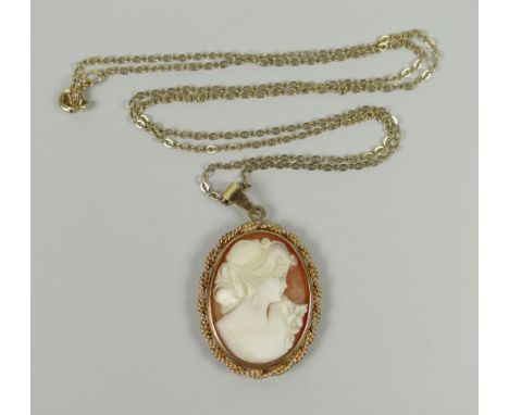 A 9CT YELLOW GOLD FRAME PORTRAIT CAMEO on 9ct fine necklace, 5grams approx.