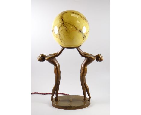 A GOOD ART DECO FIGURAL TABLE LAMP composed of two nimble females standing with globular marbled shade aloft in patinated spe