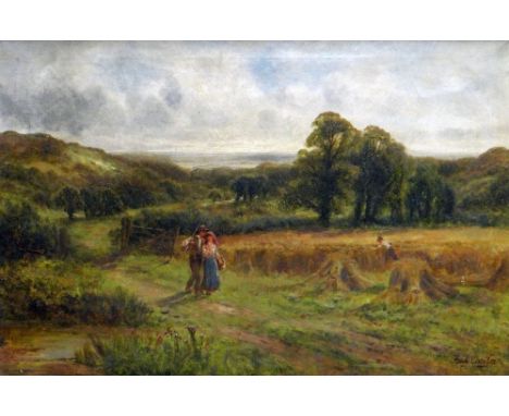FRED CARLTON (British 19th Century) oil on canvas - figures walking in a hayfield, signed bottom right, 50 x 74.5cms Conditio