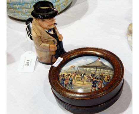 A Royal Doulton ceramic character jug "Winston Churchill", 13cm high and two Prattware handpainted lids "The Rivals", two gen