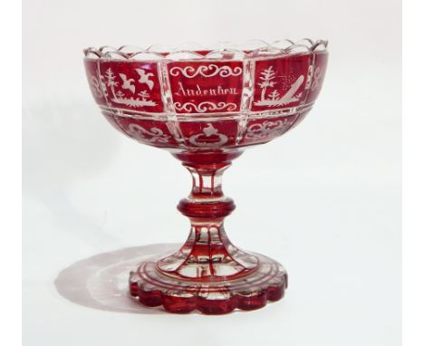 A 19th century German ruby flash pedestal bonbon dish depicting panels of birds and butterflies amongst patterning, with cent