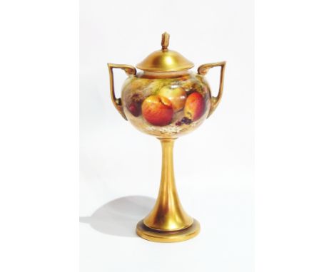 Royal Worcester fruit painted two handled pedestal cup and cover, by William Ricketts (act. 1877-c.1930), painted with apples