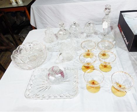 A quantity of glass to include a set of six amber and clear glass champagne saucers, pair cut glass pedestal jars and covers,