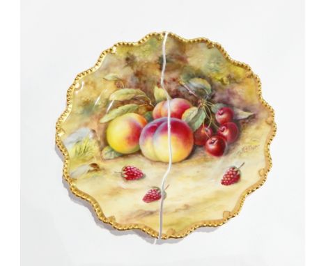 Royal Worcester porcelain plate, shaped circular with gilt gadrooned rim, T. Lockyer painted with peaches, cherries and raspb