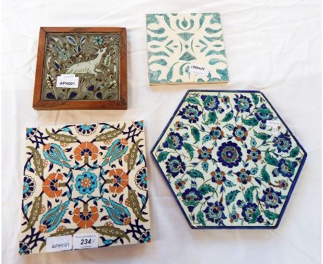 Quantity of Isnik pottery to include hexagonal glazed pottery tile with polychrome floral design, a Saylam Oini tile, an oak-