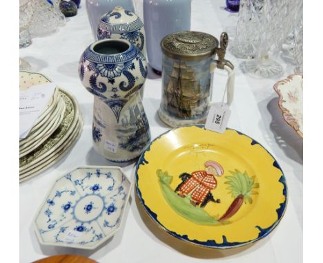 A Royal Worcester Nelson Victory at Trafalgar tankard, two blue and white Royal Bon vases, a plate decorated with girl and sh