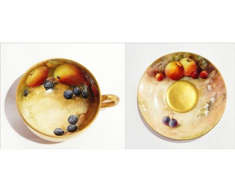 Royal Worcester fruit painted porcelain cabinet cup, signed by W. H. Austen, decorated with apples and blackberries and a Roy