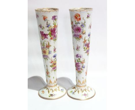 Pair Dresden porcelain vases, each circular and tapering with gilt foliate and scroll borders, painted with sprays of natural