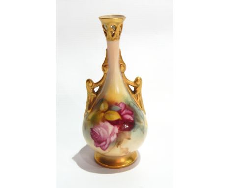 Royal Worcester cabinet vase with slender neck and bulbous body, unsigned, painted with roses