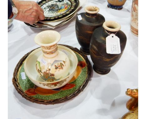 Noritake sugar basin, pair Japanese gilt on black pottery vases and two other Oriental ceramic items 