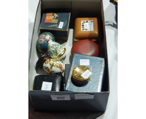 Halycon Days enamel collectors box, similar enamel eggs, travelling alarm clock, etc. (1 box) 