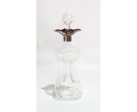 A glass glug-glug decanter and stopper with silver plated mounts, 30cm high 