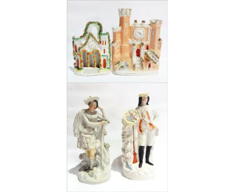 A Staffordshire flatback chimney ornament in the form of a castle with a clock and another of a church with a clock, a Staffo
