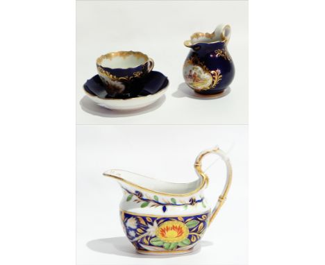 Early English porcelain jug, rectangular and shouldered, the body painted to a royal blue ground with stylised floral and fol
