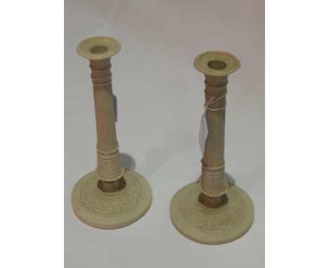 Decorative Oriental dome topped box, pair of parian style column candlesticks, verdigris pillar candlestick and a pottery vas