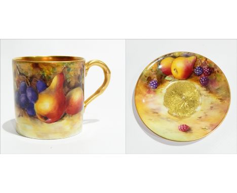 Royal Worcester fruit painted porcelain cabinet cup, coffee can form, signed by William Bee, decorated with pears, apples and