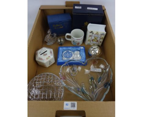 Royal Worcester Christening money box, Tutbury crystal glass Swan, Wedgwood Peter rabbit money box and mug, other glassware a
