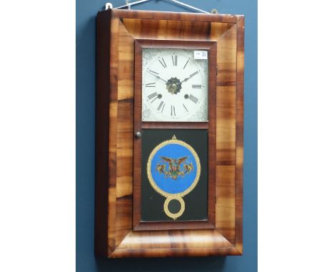19th century American wall hanging clock, painted glass panel, H66cm CLOCKS & BAROMETERS - as we are not a retailer, these it