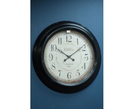 Large circular wall clock in black metal frame, D77cm CLOCKS & BAROMETERS - as we are not a retailer, these items are sold as