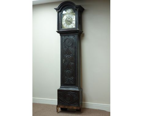 19th century heavily carved oak longcase clock, eight day movement, tooled brass dial with silvered chapter ring, subsidiary 