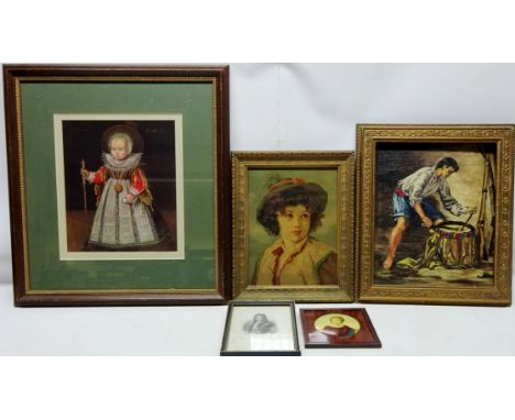 Boy Playing on Drums, oil on canvas board unsigned, Portrait of a Child, Victorian chromolithgraph, Portrait of a Lady, minia