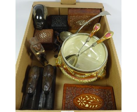 African stone and wood carvings, Victorian Wedgwood salad bowl and servers, silver plated ladle and other treen in one box 