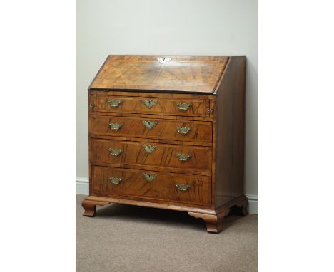 18th century walnut fall front bureau, four graduating drawers, serpentine fitted interior, on ogee bracket feet, W94cm, H102