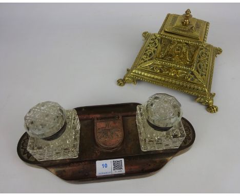 Late 19th/ early 20th Century brass inkwell and a Art Deco period desk stand with cut glass inkwells (2)    Condition Report 