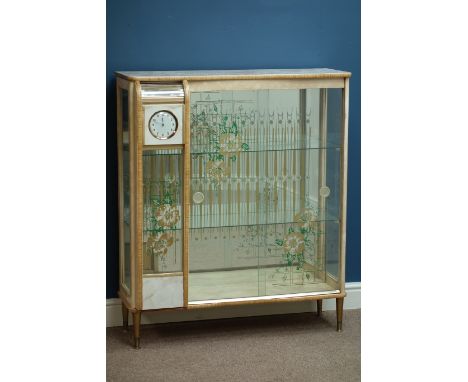 Mid 20th century vintage retro display cabinet with 'Smiths' clock, enclosed by two sliding glass doors, W92cm, H108cm, D34cm