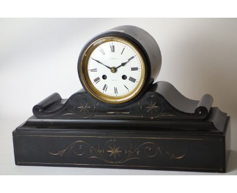 Late 19th century black slate mantle clock, enamel dial signed 'Cussons, Whitby', with quartz movement, and a small carriage 