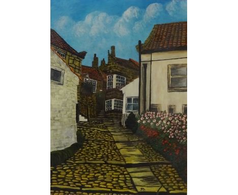 Cottages Robin Hood's Bay, oil on board signed with initials DJ 40cm x 28cm and Mediterranean Harbour Scene, colour print 27c