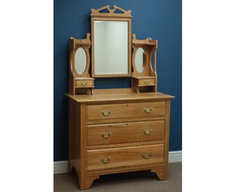 Edwardian satin walnut three drawer dressing chest, with triple mirror back and two trinket drawers, W92cm, H163cm, D49cm   C