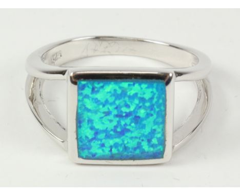 Blue opal square set ring stamped 925   Condition Report   Click here for further images, condition, auction times & delivery