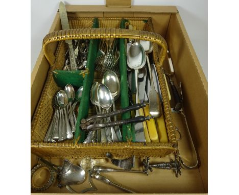 Quantity of cutlery including Mappin & Webb silver plated cutlery, Victorian nut cracker with ebony handle, wicker cutlery tr