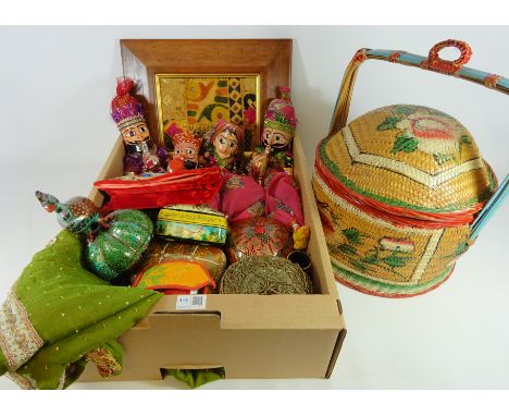 Middle Eastern Marionettes, silk throw, hand painted boxes, beaded fez, wicker hamper and similar items in one box   Conditio