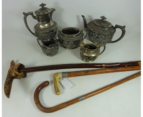 Walking cane with hallmarked silver collar, another walking stick with hallmarked silver collar and antler handle, walking st