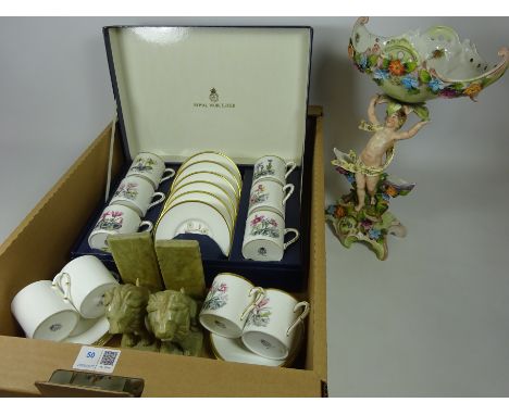 Cased set of Royal Worcester cups and saucers, other Royal Worcester cups and saucers, book ends, Dresden type centrepiece an