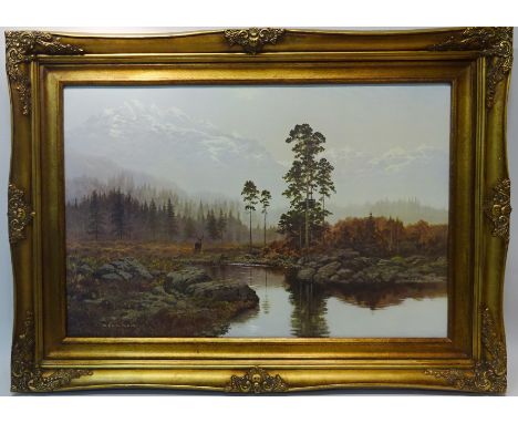 'Stag in a Highland Landscape' colour print after Coulson 49cm x 75cm in ornate frame   Condition Report   Click here for fur