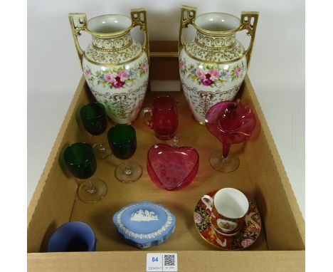 Pair of Noritake hand painted vases, cranberry glass, other glassware and ceramics in one box    Condition Report   Click her