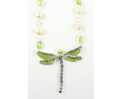 Peridot pearl and enamel dragonfly necklace stamped 925   Condition Report   Click here for further images, condition, auctio