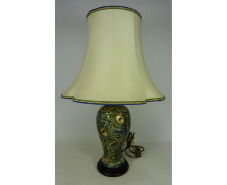Moorcroft 'Phoenix' pattern lamp base with peacock feather design, with matching shade H27.5cm for pottery body   (This item 