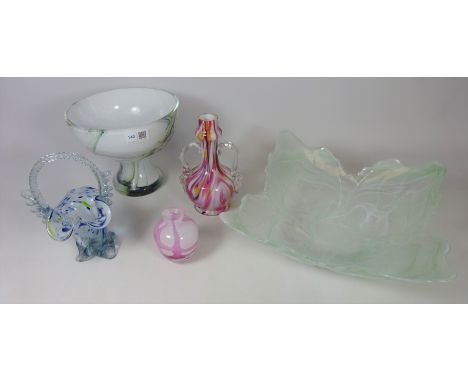 Large leaf moulded glass dish, hand blown art glass basket, glass pedestal bowl and two glass vases (5)   Condition Report   