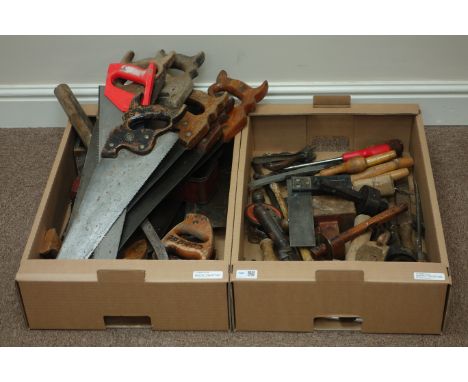 Two boxes of various vintage wood working tools - handsaws, chisels, axe, wood scribes etc...   Condition Report   Click here