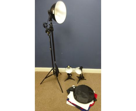 Three photography studio lamps, including bulbs with reflectors and back drops  (This item is PAT tested - 5 day warranty fro