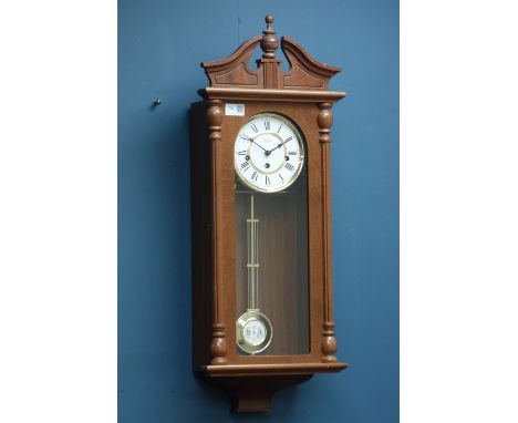 Hermle walnut cased wall hanging clock, chiming movement, H75cm CLOCKS & BAROMETERS - as we are not a retailer, these items a