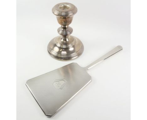 Hallmarked silver bevel edged dressing table mirror and a candlestick approx 13cm   Condition Report   Click here for further